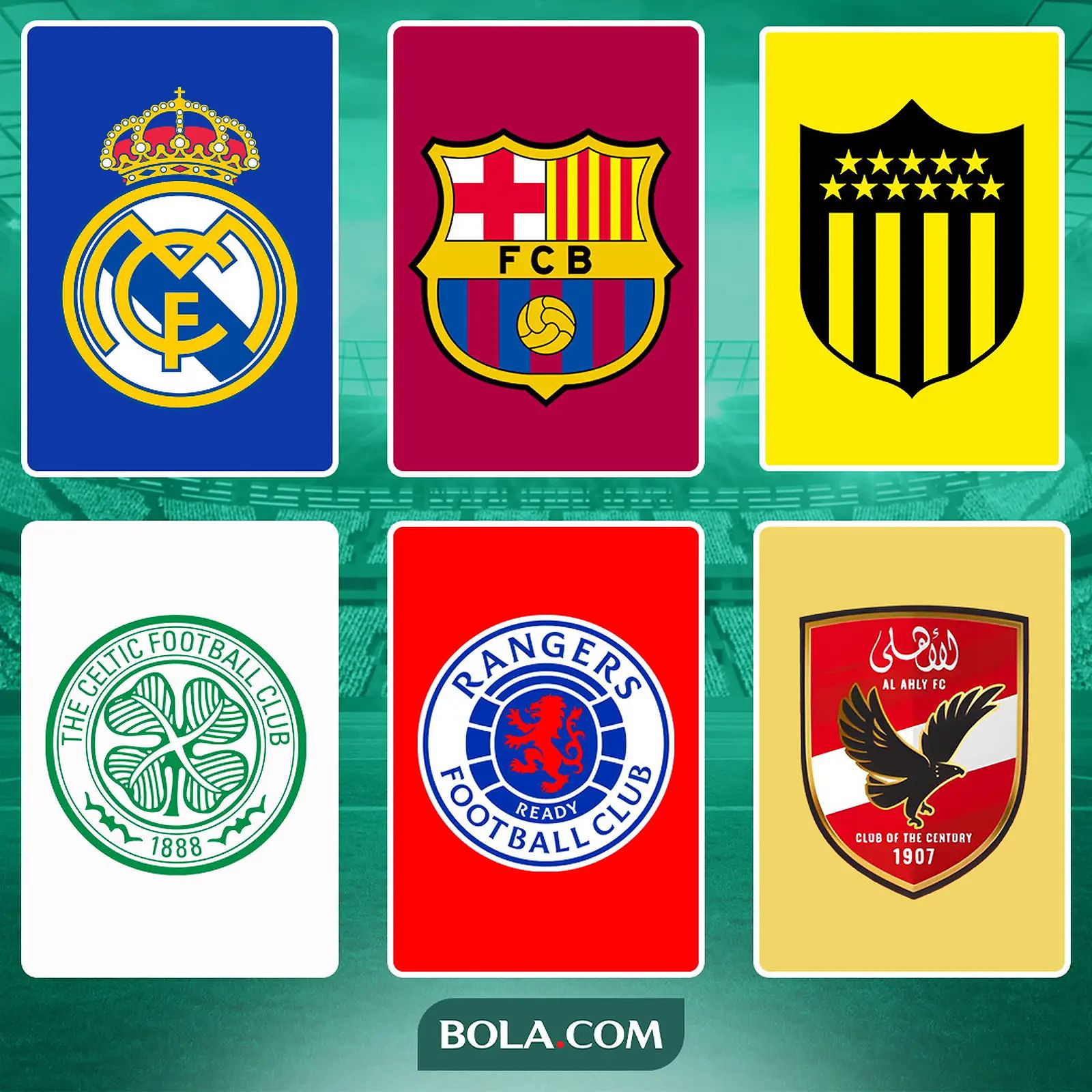 Ilustrasi - Logo Real Madrid, Barcelona, Atletico Penarol, Celtic, Rangers, Al Ahly